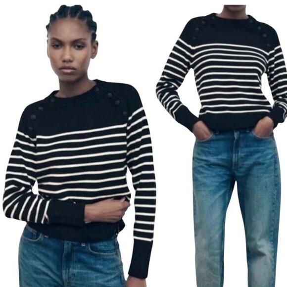 Zara Anchor Button Detail Knit Sweater Black & White Stripe Size S - Picture 1 of 12